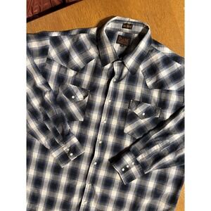 Plains Western Wear Big Man‎ 2X Snap Shirt Blue Black Plaid Western Pearl Snaps